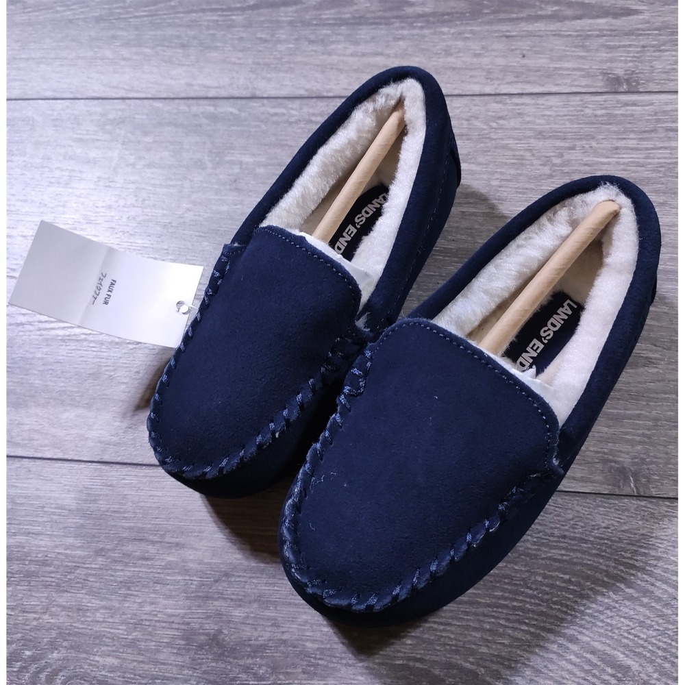 Lands End Slippers Little Boys Size 10 Navy Blue Suede Moccasin House Shoes